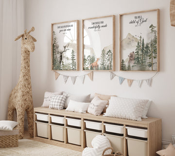 Nursery decor woodland, mountain wall art, tree nursery decor, adventure theme nursery, forest, sage green, bible nursery, verse nursery