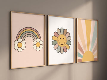 Smiley Face Print, Daisy Wall Art, Groovy Nursery, Girls Room Decor, Groovy Nursery, Girls Nursery Wall Art,  retro nursery, 70's nursery