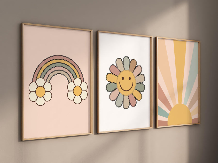 Smiley Face Print, Daisy Wall Art, Groovy Nursery, Girls Room Decor, Groovy Nursery, Girls Nursery Wall Art,  retro nursery, 70's nursery