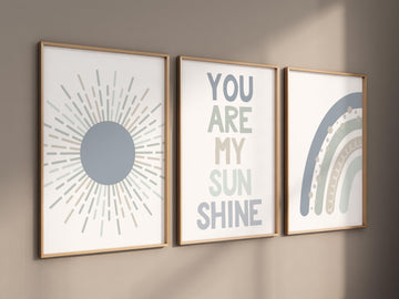 Nursery decor boy Boho, rainbow nursery, blue green nursery, boys room decor, moon nursery, boho prints, boys nursery, you are my sunshine