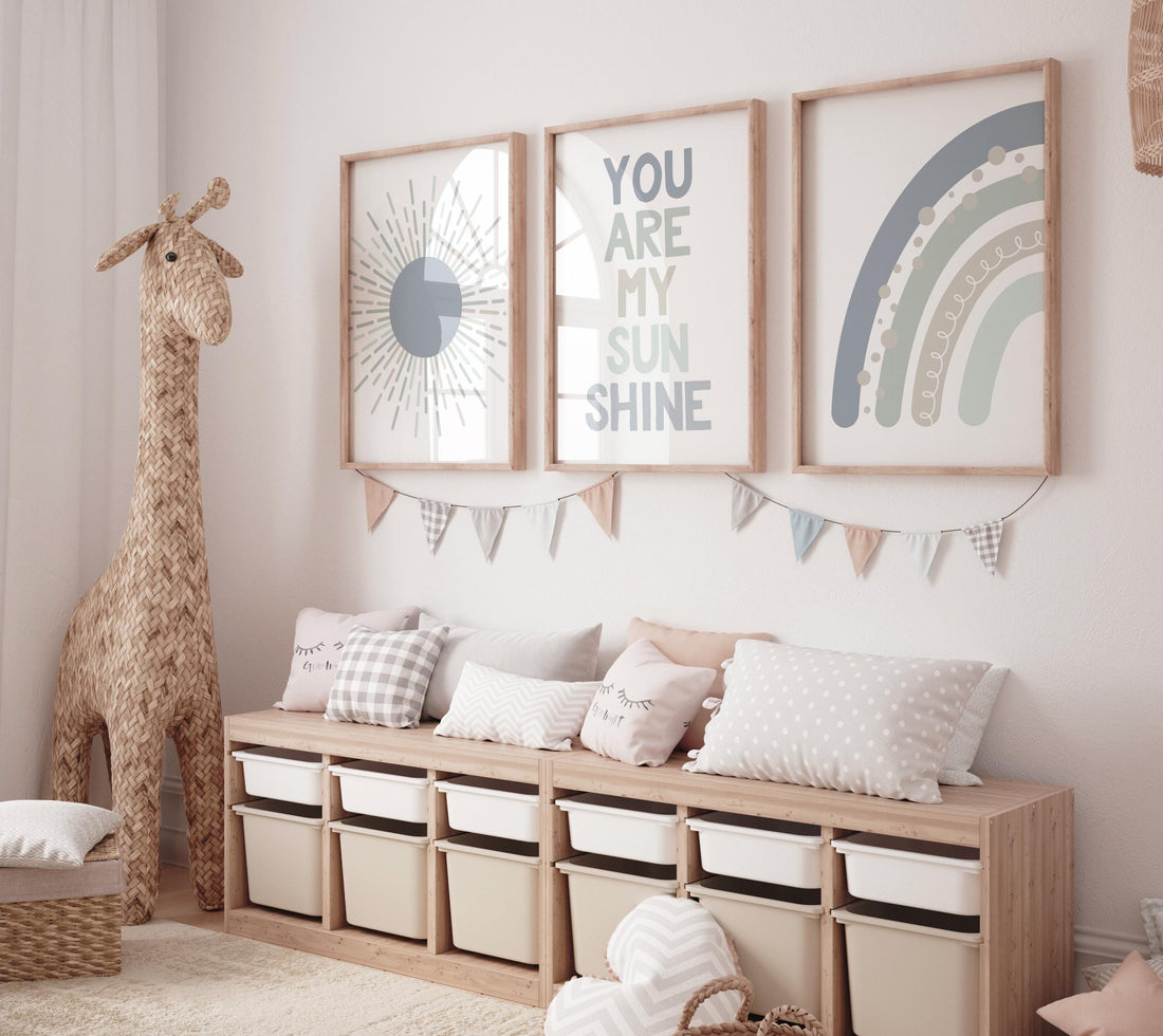 Nursery decor boy Boho, rainbow nursery, blue green nursery, boys room decor, moon nursery, boho prints, boys nursery, you are my sunshine