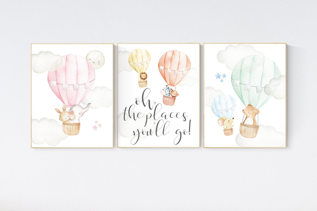 Hot air balloon nursery, Animal nursery, gender neutral, woodland animals, hot air balloons, nursery prints, baby room wall art, set of 3