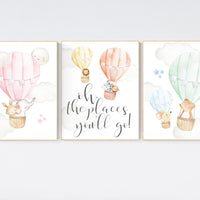 Hot air balloon nursery, Animal nursery, gender neutral, woodland animals, hot air balloons, nursery prints, baby room wall art, set of 3