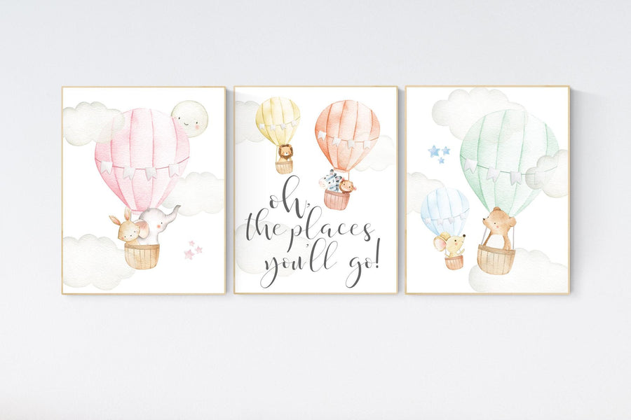 Hot air balloon nursery, Animal nursery, gender neutral, woodland animals, hot air balloons, nursery prints, baby room wall art, set of 3