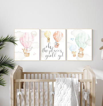 Hot air balloon nursery, Animal nursery, gender neutral, woodland animals, hot air balloons, nursery prints, baby room wall art, set of 3