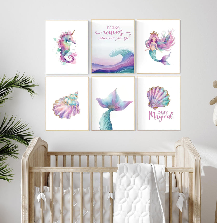 Mermaid Nursery Decor, Nursery decor girl, mermaid prints for girls room, sea nursery decor, ocean nursery, Pink purple Teal, mermaid theme