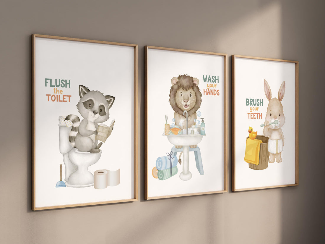 Bathroom prints for kids, bathroom art, Bathroom wall art, kids Bathroom decor, Wash Your Hands, flush the toilet, brush your teeth