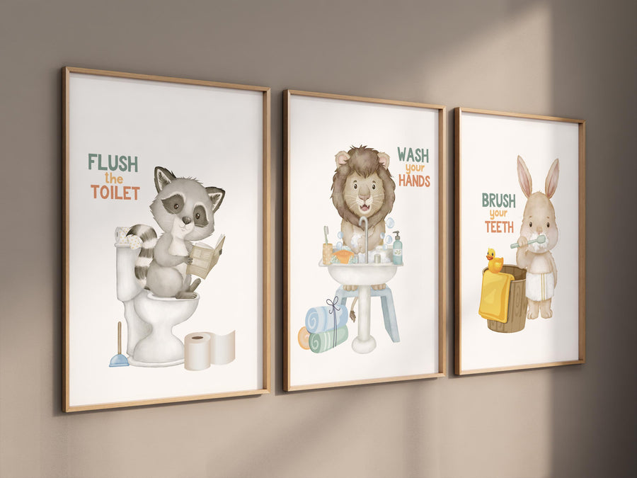 Bathroom prints for kids, bathroom art, Bathroom wall art, kids Bathroom decor, Wash Your Hands, flush the toilet, brush your teeth