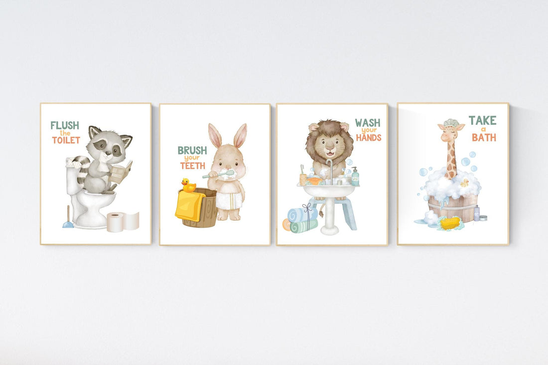 Bathroom prints for kids, bathroom art, Bathroom wall art, kids Bathroom decor, Wash Your Hands, flush the toilet, brush your teeth