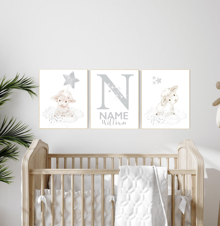 Sheep nursery decor, Gray nursery decor, nursery decor lambs, nursery wall art sheep, moon and cloud wall art nursery gender neutral nursery