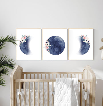 Moon nursery decor, moon print, navy blue nursery, full moon print, gender neutral, moon phases, dark blue, moon nursery, nursery decor