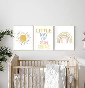 Nursery prints rainbow, mustard yellow and blue, nursery wall decor, rainbow nursery, nursery decor neutral, sunshine