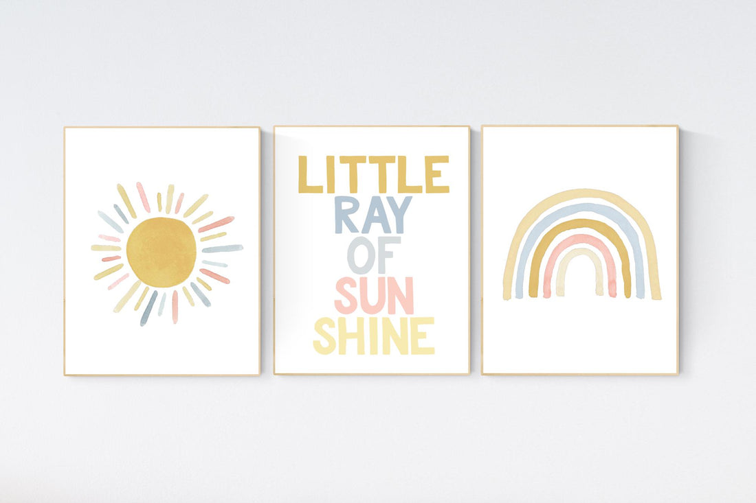 Nursery prints rainbow, mustard yellow and blue, nursery wall decor, rainbow nursery, nursery decor neutral, sunshine