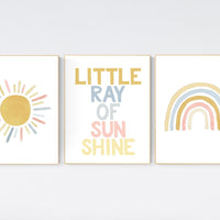 Nursery prints rainbow, mustard yellow and blue, nursery wall decor, rainbow nursery, nursery decor neutral, sunshine