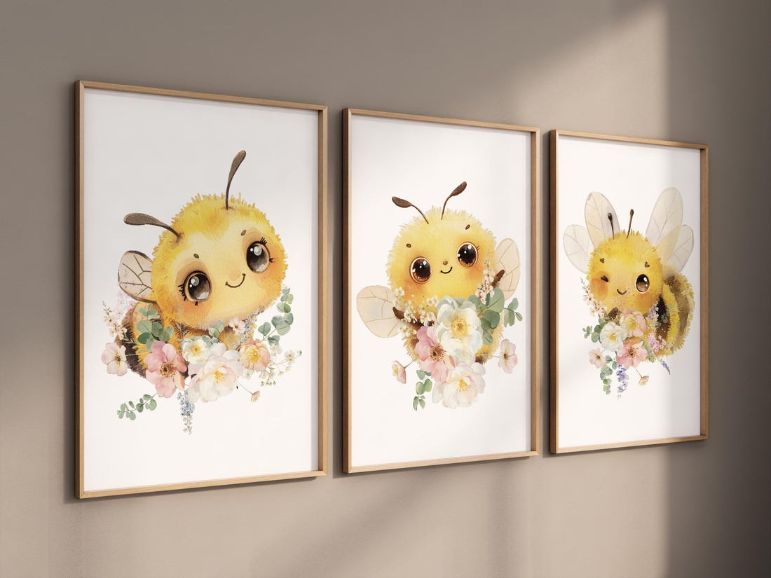 Bee print, bee nursery, flower nursery, yellow nursery, gender neutral, nursery wall art prints, baby room wall art, girl nursery
