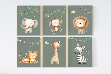 Safari Nursery Wall Prints, Boho Nursery Prints, jungle animals, Sage Green Nursery Art, animal Nursery Decor, animal prints