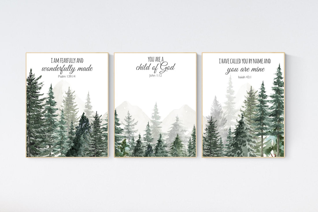 Nursery decor mountain, nursery wall art, tree nursery decor, adventure theme nursery, forest, sage green, bible nursery, verse nursery