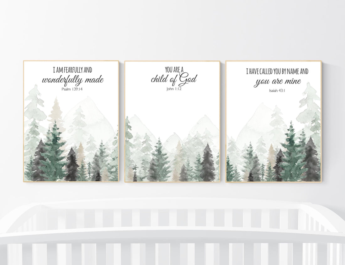 Nursery decor mountain, nursery wall art, tree nursery decor, adventure theme nursery, forest, sage green, bible nursery, verse nursery