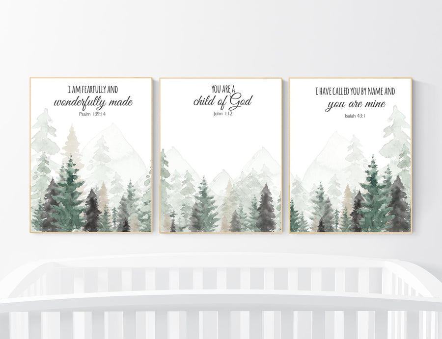 Nursery decor mountain, nursery wall art, tree nursery decor, adventure theme nursery, forest, sage green, bible nursery, verse nursery