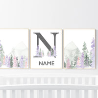 Nursery decor woodland, mountain wall art, tree nursery decor, adventure theme nursery, forest, pink, green, purple and blush pink