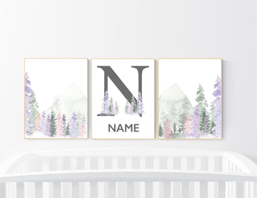 Nursery decor woodland, mountain wall art, tree nursery decor, adventure theme nursery, forest, pink, green, purple and blush pink