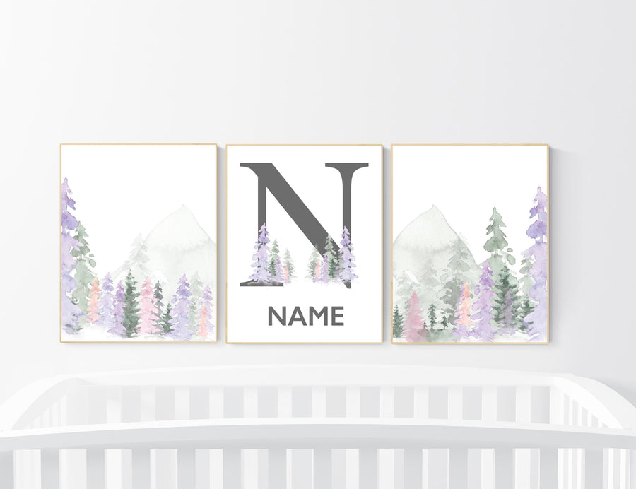 Nursery decor woodland, mountain wall art, tree nursery decor, adventure theme nursery, forest, pink, green, purple and blush pink