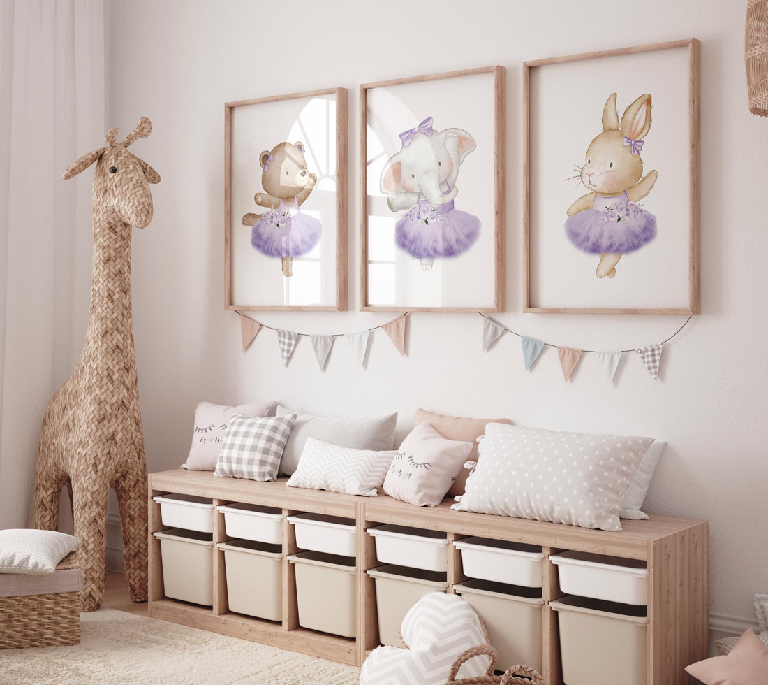 Ballerina animals, baby room decor girl, Elephant nursery, bunny nursery, bear nursery, nursery prints girl, ballet prints, purple nursery
