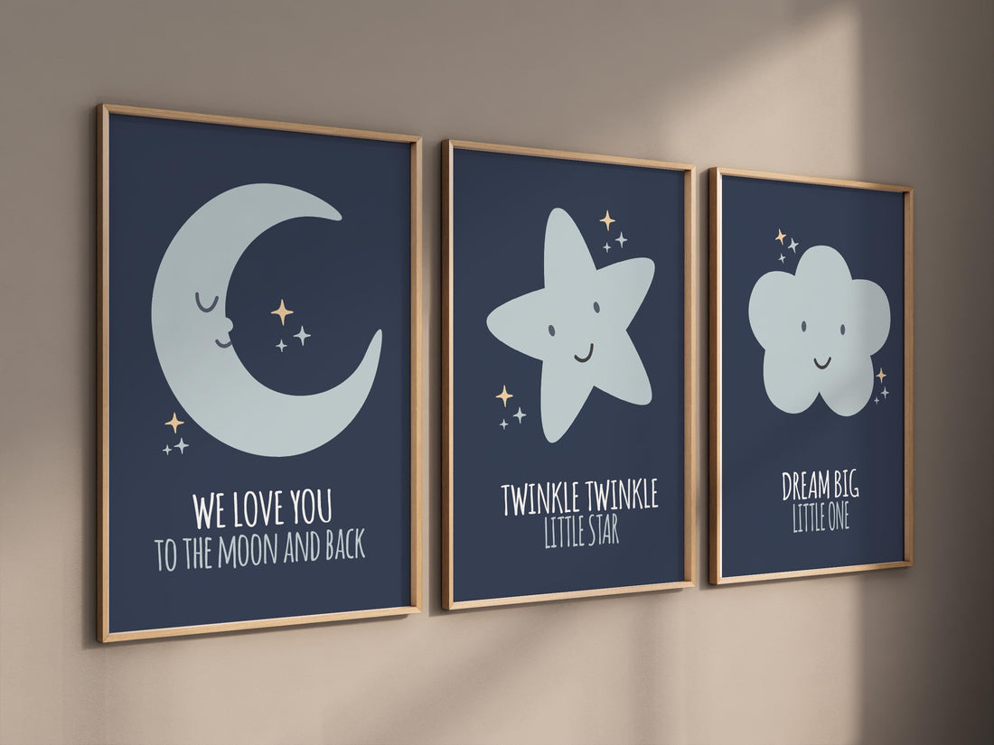 Navy nursery decor, moon nursery, we love you to the moon and back, twinkle twinkle little star, dream big little one, moon prints, nursery