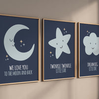 Navy nursery decor, moon nursery, we love you to the moon and back, twinkle twinkle little star, dream big little one, moon prints, nursery