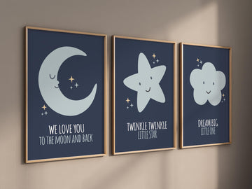 Navy nursery decor, moon nursery, we love you to the moon and back, twinkle twinkle little star, dream big little one, moon prints, nursery