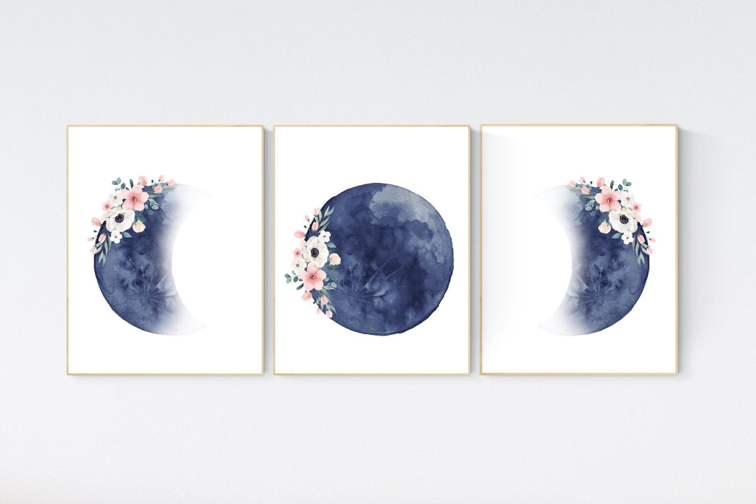 Moon nursery decor, moon print, navy blue nursery, full moon print, gender neutral, moon phases, dark blue, moon nursery, nursery decor