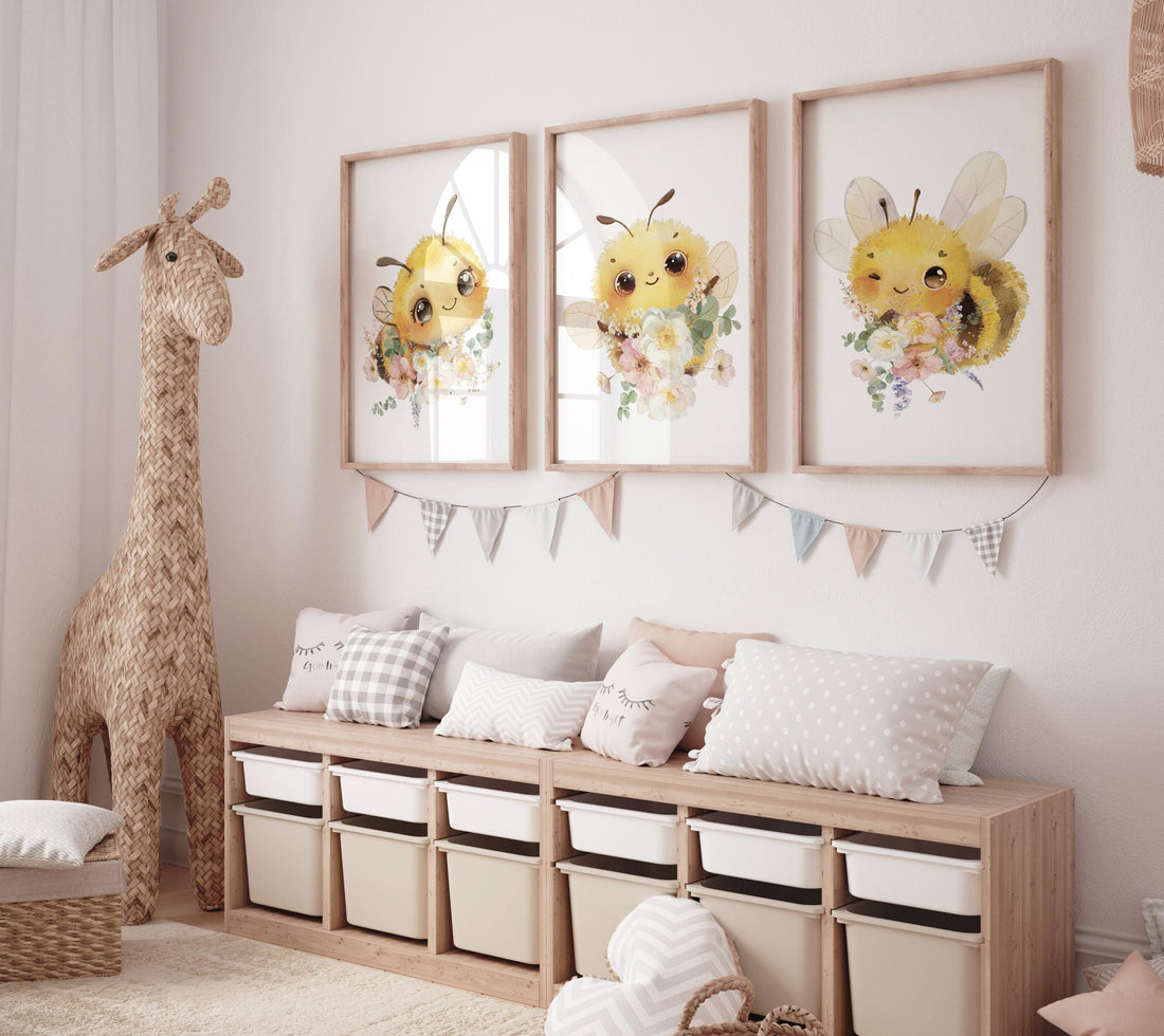 Bee print, bee nursery, flower nursery, yellow nursery, gender neutral, nursery wall art prints, baby room wall art, girl nursery