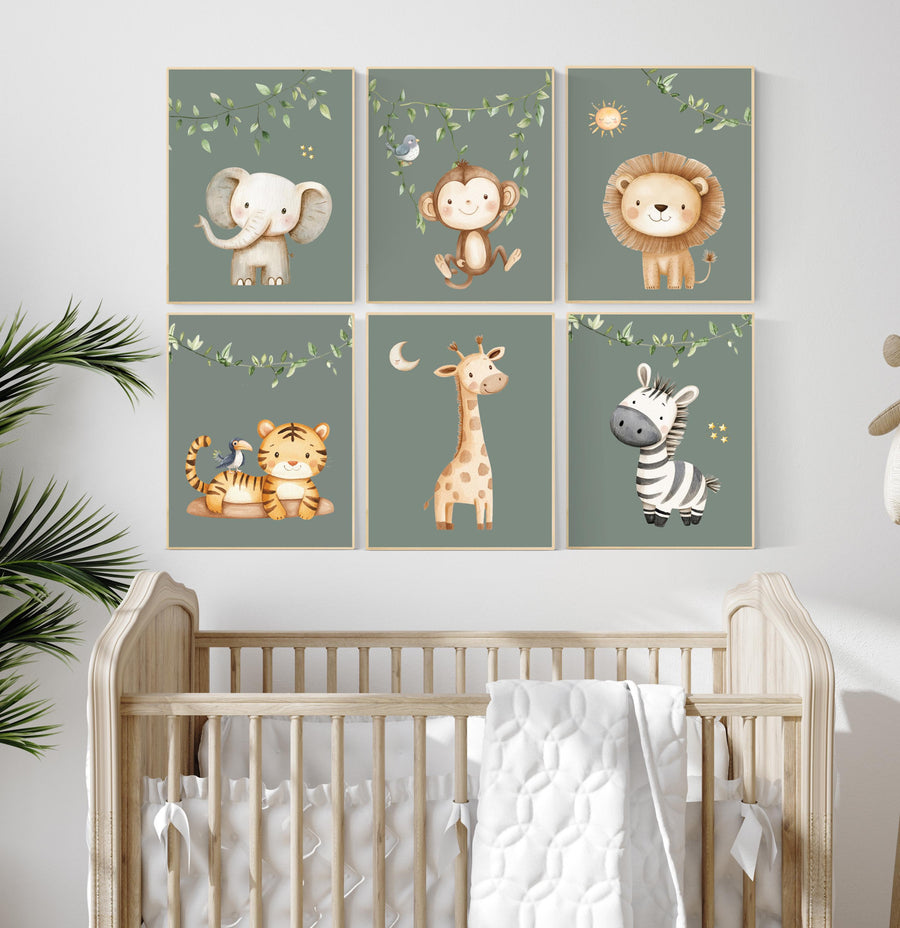 Safari Nursery Wall Prints, Boho Nursery Prints, jungle animals, Sage Green Nursery Art, animal Nursery Decor, animal prints