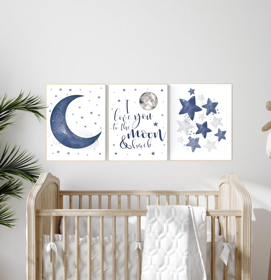 Nursery decor boy navy blue, Nursery wall art boy, navy nursery decor, moon and stars, we love you to the moon and back, nursery prints boy