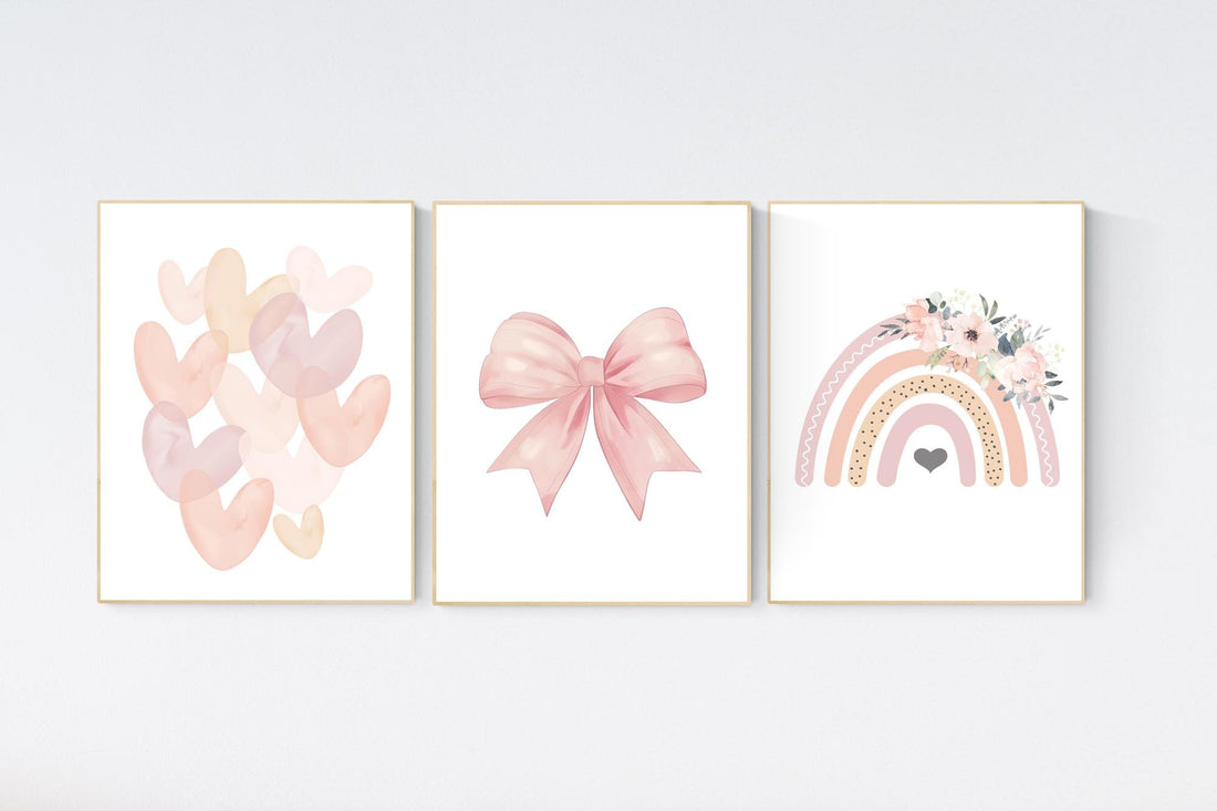 Rainbow nursery, heart print, bow print, Girl bedroom art, girls room decor, blush nursery, baby girl wall art, blush nursery
