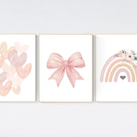 Rainbow nursery, heart print, bow print, Girl bedroom art, girls room decor, blush nursery, baby girl wall art, blush nursery