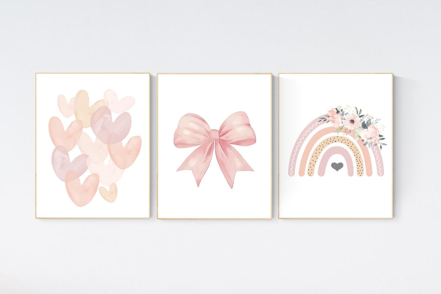 Rainbow nursery, heart print, bow print, Girl bedroom art, girls room decor, blush nursery, baby girl wall art, blush nursery