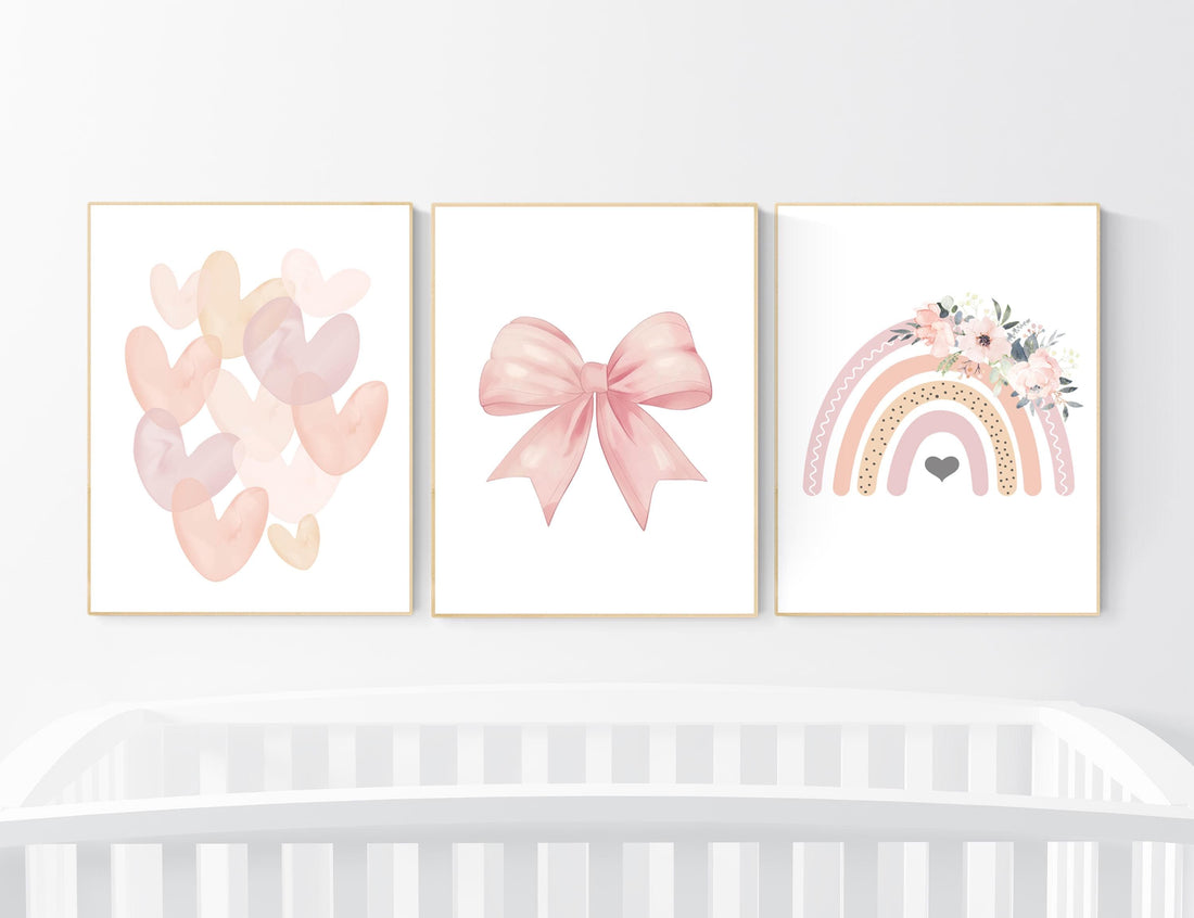 Rainbow nursery, heart print, bow print, Girl bedroom art, girls room decor, blush nursery, baby girl wall art, blush nursery