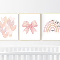 Rainbow nursery, heart print, bow print, Girl bedroom art, girls room decor, blush nursery, baby girl wall art, blush nursery