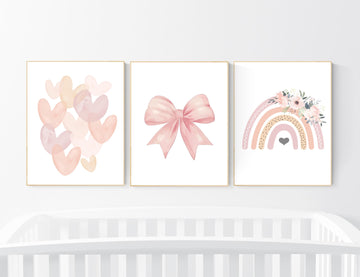 Rainbow nursery, heart print, bow print, Girl bedroom art, girls room decor, blush nursery, baby girl wall art, blush nursery