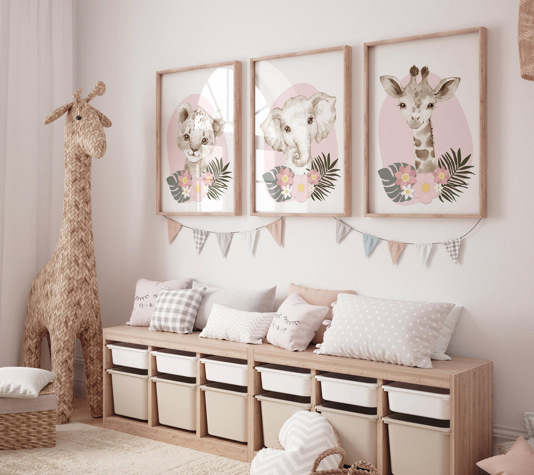 Safari Animals, girl nursery, Animals Prints, Woodland Nursery Decor, Safari Nursery Wall Art, floral animal prints, Pink Safari Animals