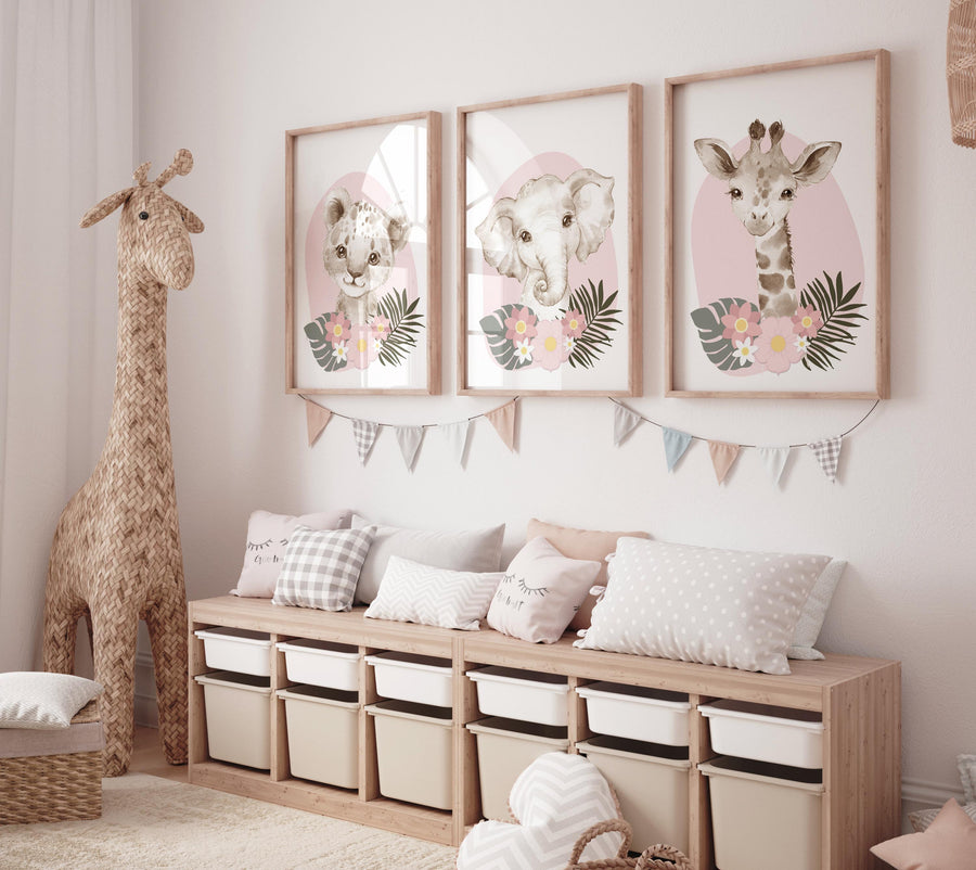 Safari Animals, girl nursery, Animals Prints, Woodland Nursery Decor, Safari Nursery Wall Art, floral animal prints, Pink Safari Animals