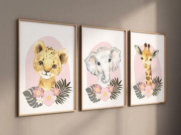 Safari Animals, girl nursery, Animals Prints, Woodland Nursery Decor, Safari Nursery Wall Art, floral animal prints, Pink Safari Animals