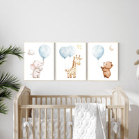 Blue nursery decor, balloon nursery decor, animal prints, nursery decor boy elephant, baby room, blue nursery, giraffe nursery, bear nursery