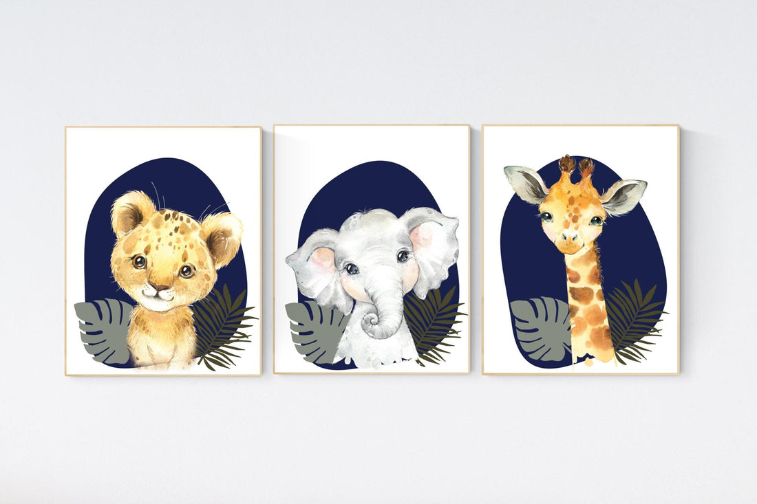 Safari Nursery Wall Prints, Boho Nursery Prints, jungle animals, navy blue Nursery Art, animal Nursery Decor, animal prints