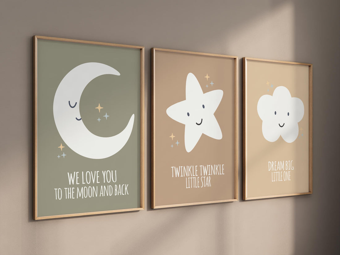Neutral nursery decor, moon nursery, we love you to the moon and back, twinkle twinkle little star, dream big little one, moon prints