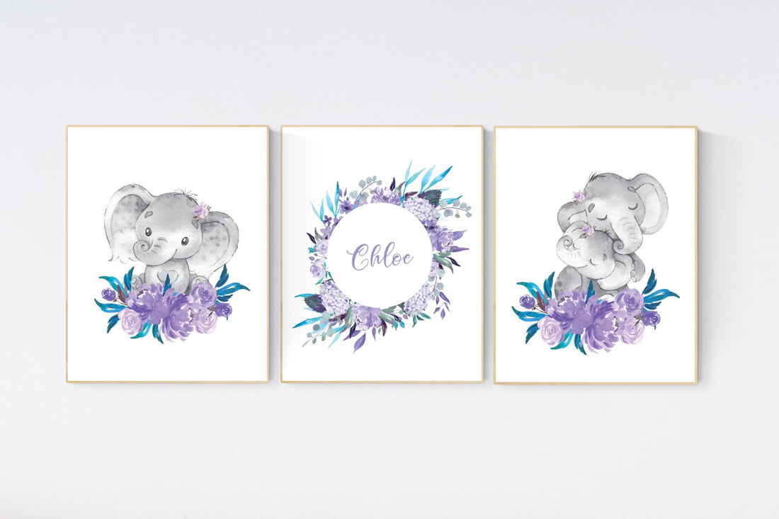 Purple teal nursery, Boho baby room, nursery wall art elephant, nursery decor girl, nursery decor girl floral, lilac nursery decor, lavender