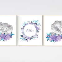 Purple teal nursery, Boho baby room, nursery wall art elephant, nursery decor girl, nursery decor girl floral, lilac nursery decor, lavender