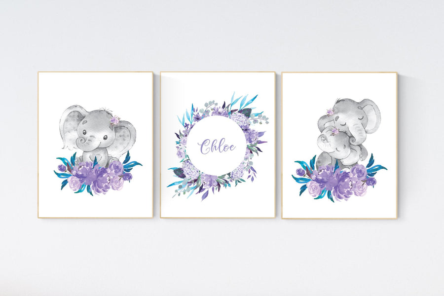 Purple teal nursery, Boho baby room, nursery wall art elephant, nursery decor girl, nursery decor girl floral, lilac nursery decor, lavender