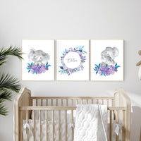 Purple teal nursery, Boho baby room, nursery wall art elephant, nursery decor girl, nursery decor girl floral, lilac nursery decor, lavender